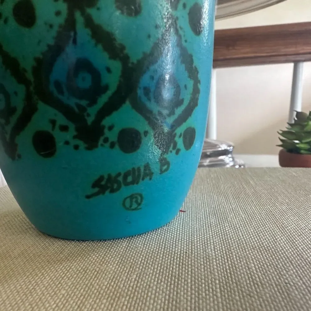 Vintage MCM Sasha Brastoff Turquoise Blue Art Pottery Bud Vase Peacock Design